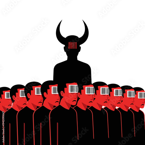 Silhouette overseer with bull horns above barcoded heads