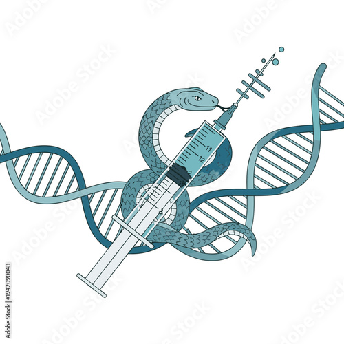 Syringe with snake and DNA helix, genetic engineering concept