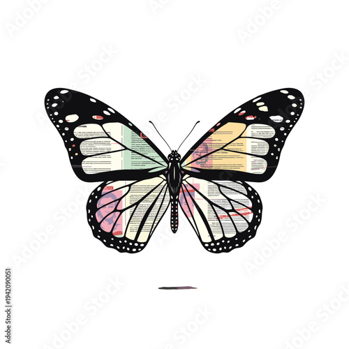 Monarch butterfly with wings patterned with document fragments