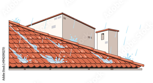 A terracotta-tiled roof shows visible rain splashes and streaks from water leakage with two building structures in the background.