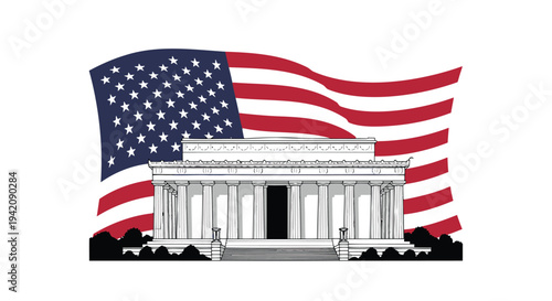 Vector illustration of the White House with American flag