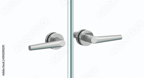 Two sleek, polished metallic door handles are symmetrically mounted on a transparent glass door against a clean white background.