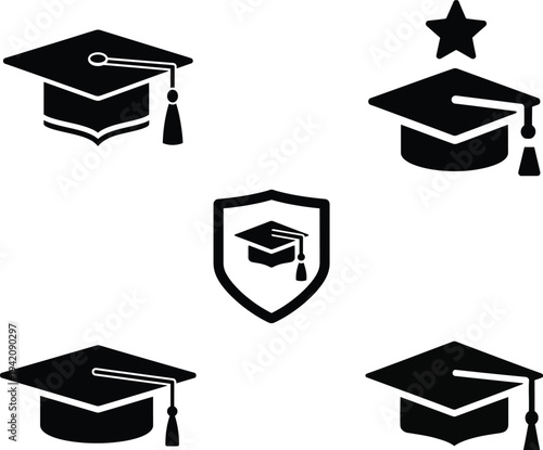 Graduation cap silhouette vector icons set for education and academic achievements