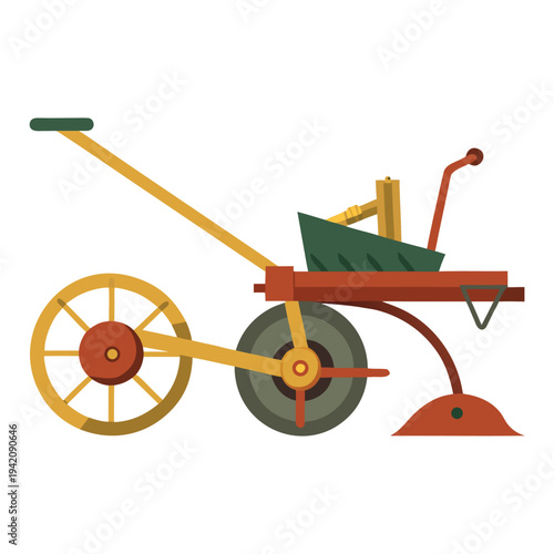 Traditional old fashioned farm plow with wheels for cultivating agricultural land