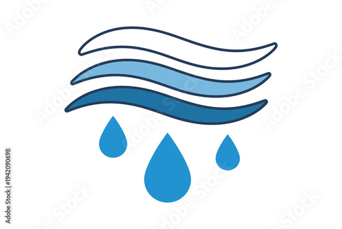 Blue wave and raindrop illustration, symbolizing weather, climate, and precipitation in a simple graphic design.