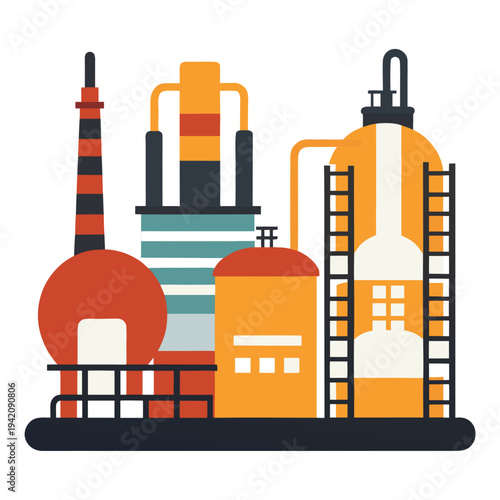 Modern industrial plant illustration depicting factory buildings, storage tanks, and chimneys in a production process
