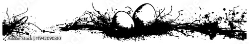 Horizontal banner showing bird eggs in a nest with messy black ink splatters and grunge textures