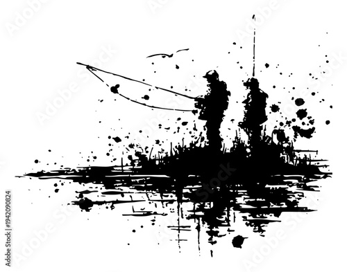 Two fishermen on water with fishing rods in an artistic black and white ink splatter style