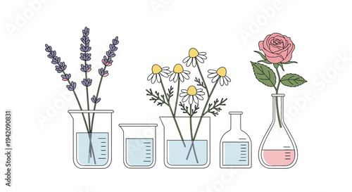 Five distinct laboratory beakers and flasks, containing lavender, chamomile, and a pink rose in clear or tinted liquids, are neatly arranged on a pristine white background.