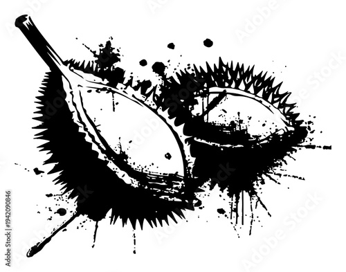 Artistic black and white durian fruit illustration with expressive ink splatters