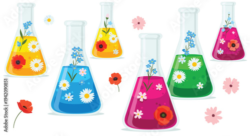 Six vibrant conical flasks, filled with brightly colored liquids and various small flowers, are artfully arranged with scattered blossoms on a clean white background.