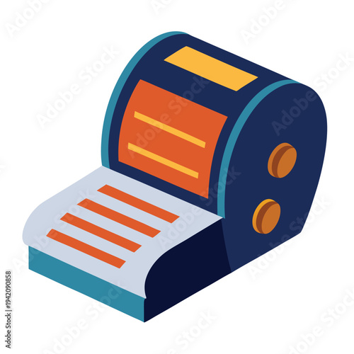 Isometric illustration of a compact printing machine delivering sheets of paper for office tasks
