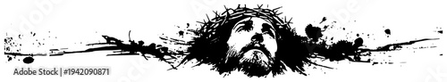 Religious banner featuring Jesus Christ with a crown of thorns in ink splatter style