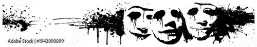 Dramatic theater masks illustration on a wide banner with artistic ink splatters