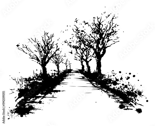 Artistic alley of leafless trees with a path in black and white ink splatter style
