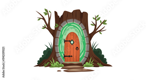A magical wooden door with dark metal hinges and a glowing green portal is set into a sturdy brown tree trunk with green leaves and two stone steps.