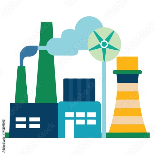 Industrial factory buildings with smokestacks and a wind turbine symbolizing energy production