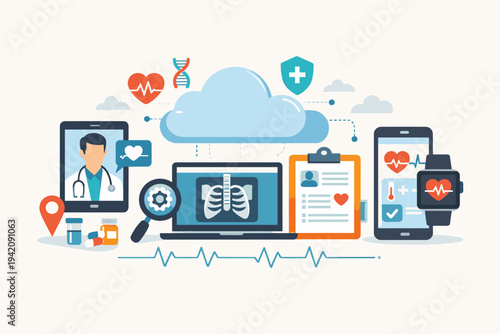 Innovative Telemedicine and Digital Health Concept with Online Doctor Consultation, Cloud Medical Records, Remote Patient Monitoring, Wearable Technology, and Electronic Health Data Management.