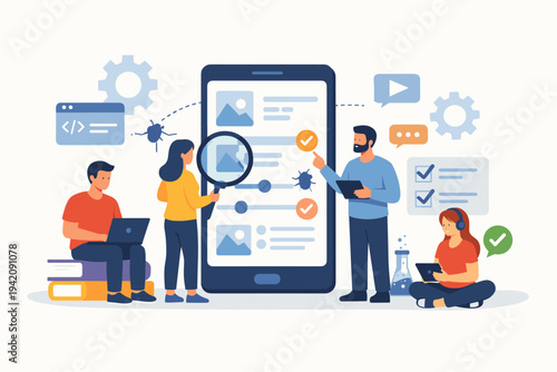 Professional IT Developers and QA Engineers Testing Mobile Phone Apps for Bugs and Performance, Teamwork in Software Development Process, Flat Vector Illustration for Technology and Business.
