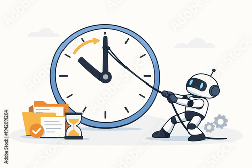 Robot Pulling Clock Hand to Save Time on Project, Concept of Automation and Efficiency in Workflow, Artificial Intelligence Managing Deadlines and Productivity, Flat Vector Illustration Design