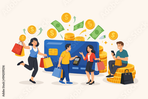 Vector illustration of happy people shopping with bags and using a credit card for payments, earning cashback rewards and bonus money, flat design for retail, finance, and consumerism concept.