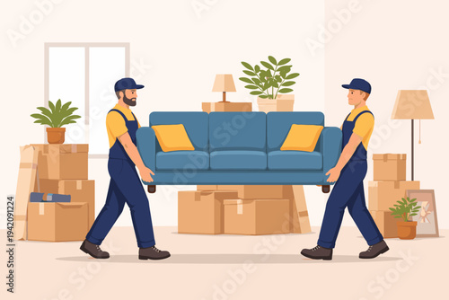 Two professional movers in blue overalls carrying a blue sofa with yellow pillows in a new apartment filled with cardboard boxes and plants. Flat vector illustration of relocation service.