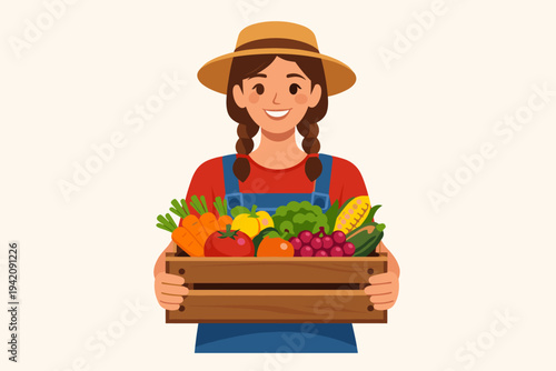 Flat vector illustration of a happy young female farmer in a straw hat and denim overalls, proudly holding a wooden crate overflowing with fresh organic vegetables and fruits from a local harvest.