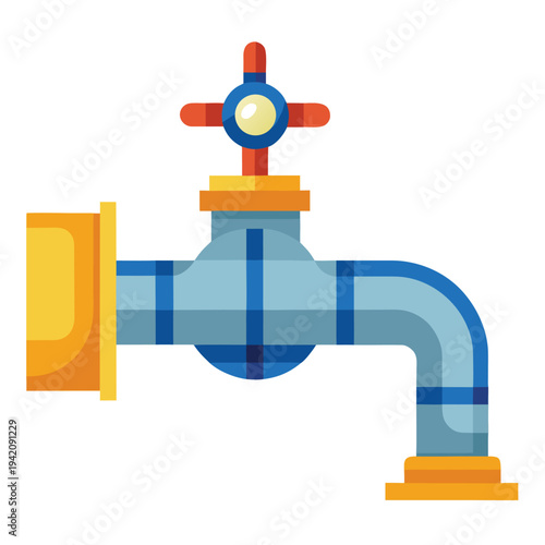 Flat design water faucet icon illustration with blue pipe and red handle for plumbing and utility