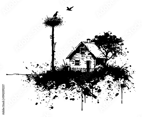 Rustic country house with a stork nest and artistic ink splatters