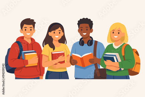 Diverse Group of Happy Students Holding Books and Wearing Backpacks, Ready for School or University Education. Flat Vector Illustration of Multicultural Teenagers Smiling and Learning Together.