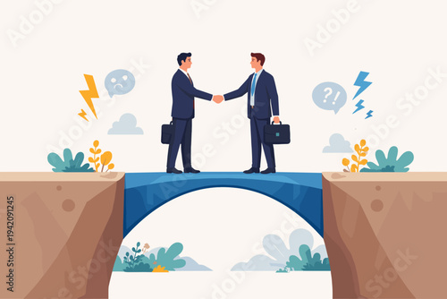 Businessmen shaking hands on a bridge over a chasm, symbolizing conflict resolution, bridging the gap, and successful negotiation. Flat vector illustration of partnership and overcoming obstacles.