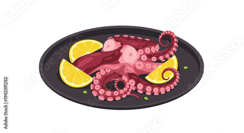 A single cooked red-purple octopus with visible suction cups is presented on a matte black oval plate with three bright yellow lemon wedges and green specks.