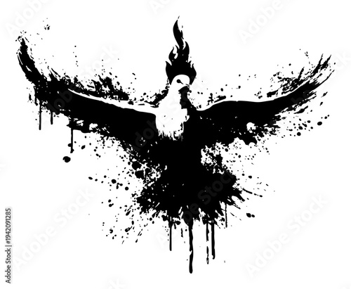 Mythical phoenix bird rising with wings spread in artistic ink splatter style