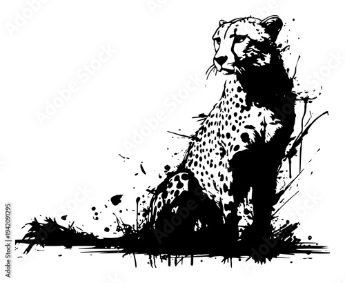 Spotted cheetah sitting alert in a high contrast ink splatter wildlife art style