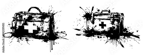 Medical first aid kit bags with cross symbols and creative ink splatters
