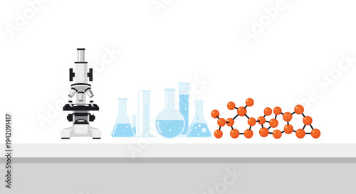 A silver and black microscope, four clear glass beakers with blue liquid, and a large orange molecular structure are neatly arranged on a grey shelf against a white background.
