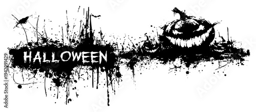 Spooky Halloween banner with pumpkin lantern and dark ink splatter effects