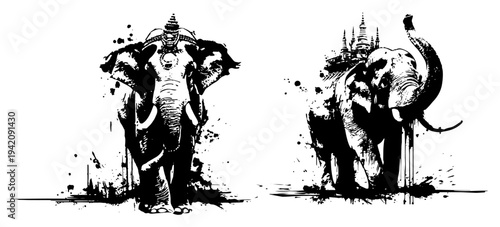 Majestical asian elephants with decorative elements and expressive ink splatters