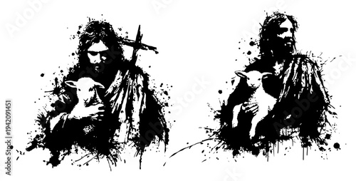 Jesus Christ as the Good Shepherd holding a little lamb in artistic ink splatter style