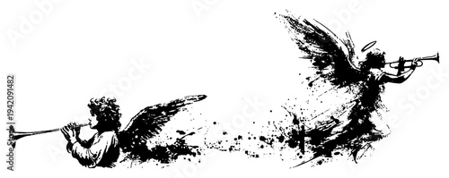 Flying winged angel playing a trumpet in dramatic black ink splatter art style