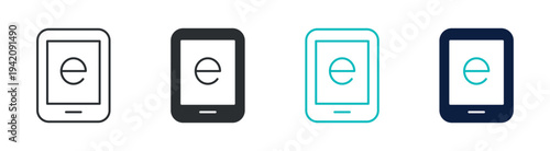 E-book reader digital book device icon set, in outline and solid silhouette style. Vector illustration.