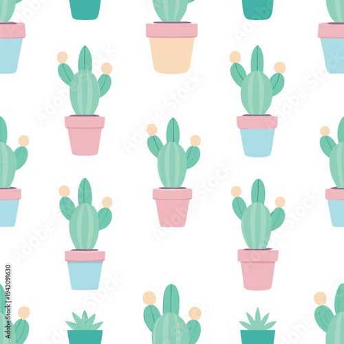 Seamless pattern featuring adorable green potted cacti and succulents in pastel colored planters