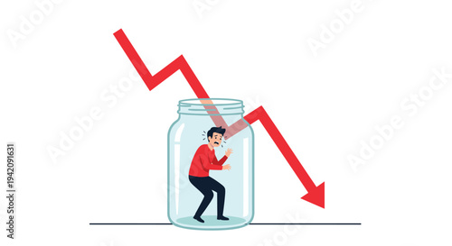 A frightened cartoon man is confined within a clear glass jar, with a large red downward-pointing arrow dramatically piercing through it.