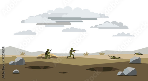 Six soldiers in green uniforms are engaged in combat on a barren battlefield with grey layered clouds, scattered rocks, and dark brown craters.