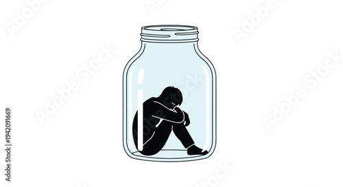 A black silhouette of a man is curled up in a fetal position inside a clear glass jar on a white background.
