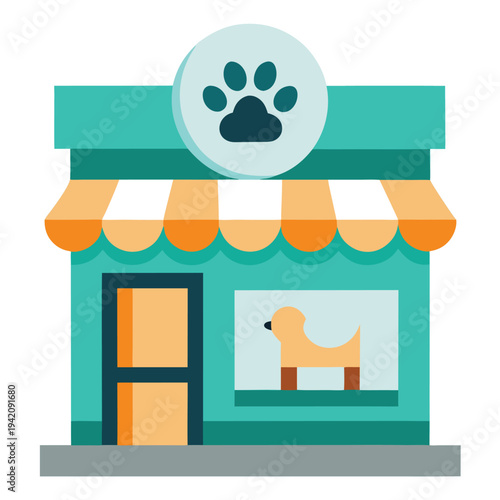 Charming flat design illustration of a vibrant pet shop storefront with a paw print sign