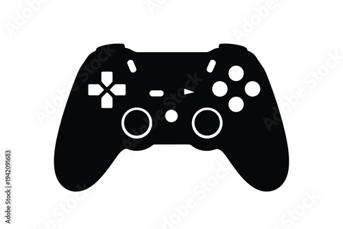 Black silhouette of a PlayStation gaming controller on a white background, isolated vector graphic for design and gaming concepts.
