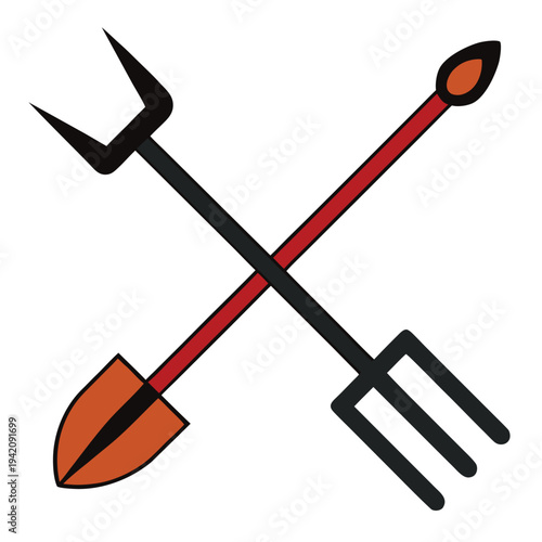 Classic crossed garden shovel and pitchfork representing agricultural work farming and gardening activities
