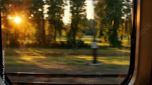 Golden hour sunbeams stream through trees seen from a moving train window