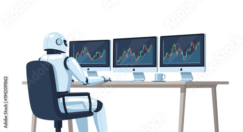 A white and blue robot is seated at a light wooden desk, analyzing three Apple-style monitors showing stock market charts.